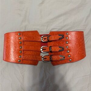 Free People Red leather Embossed Belt with Studs